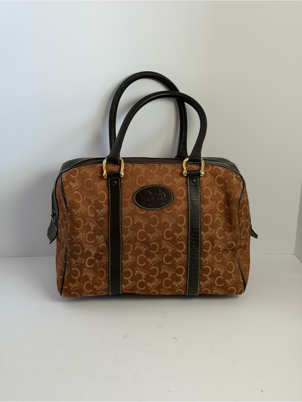 Vintage Celine C Macadam Cognac Brown Boston Bag Monogram Canvas